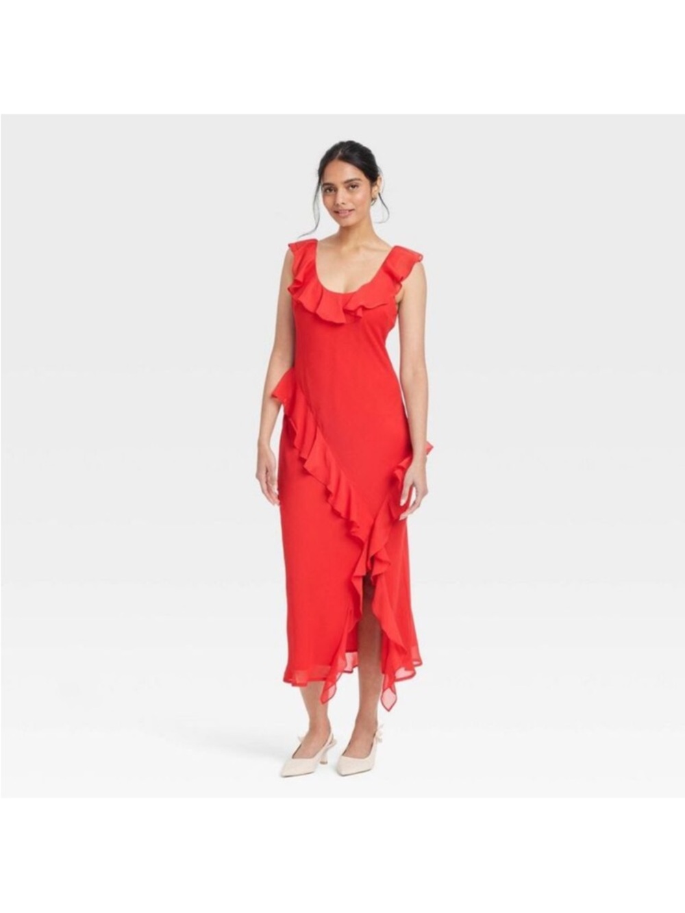 a new day Red Ruffle-Trim Midi Dress NWOT